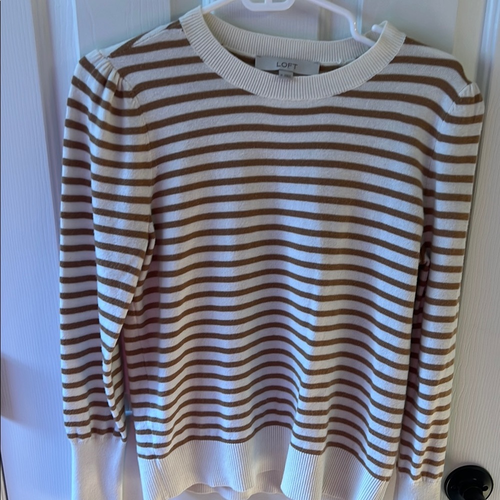 LOFT White and Khaki Striped Sweater